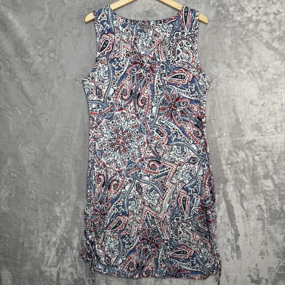 T by Talbots Dress Womens Large Blue Paisley Sleeveless Ruched Side Drawstring - Picture 1 of 7